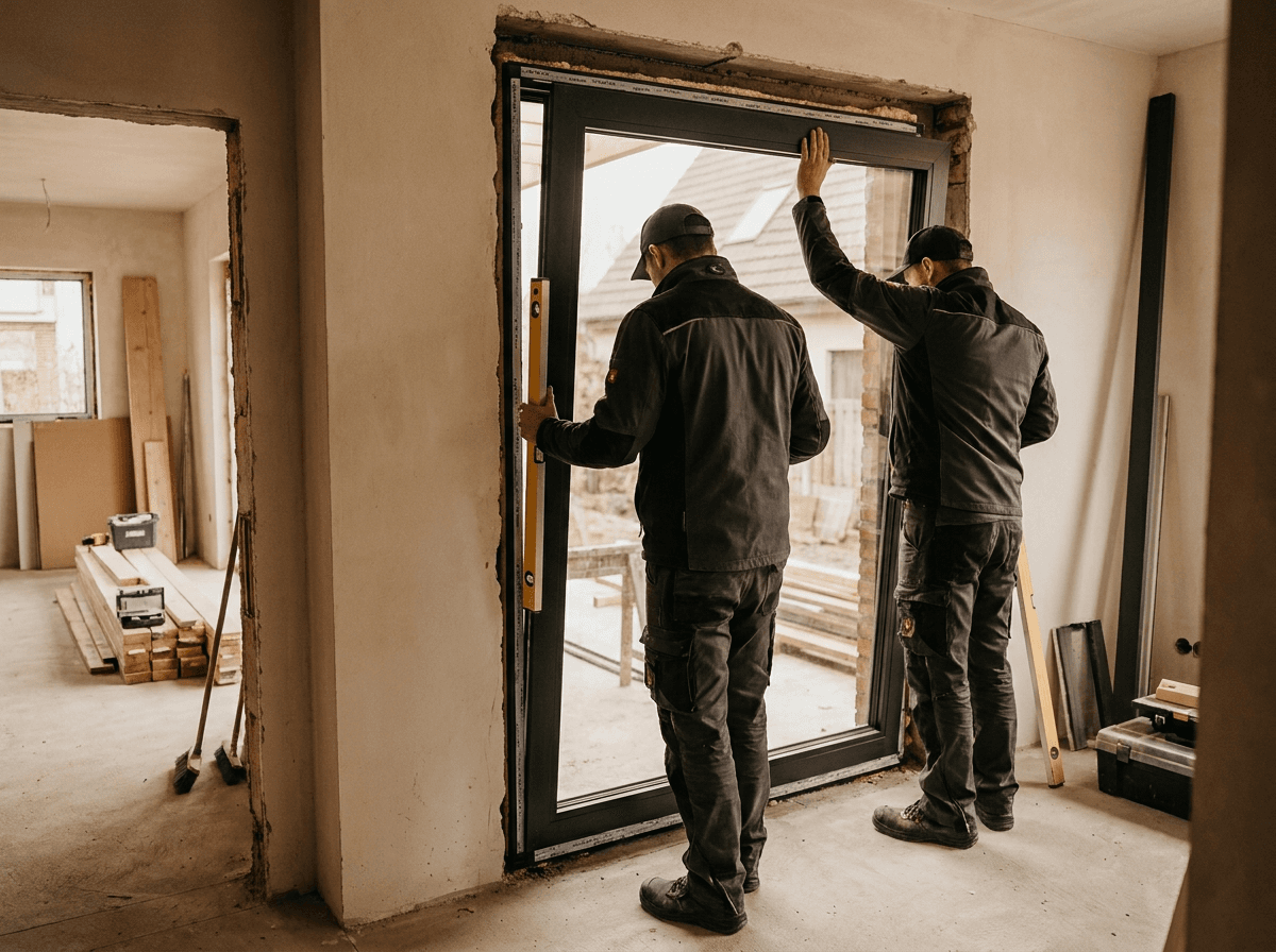 Handwerker beim Einsetzen eines Fensterelements